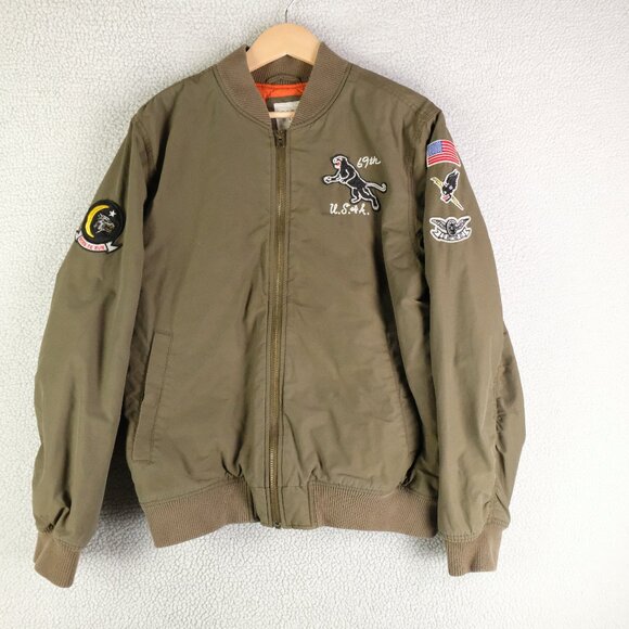 Gap Bomber Jacket Mens Medium Olive Green Patches Military Quilt Lined Retro - Picture 1 of 13